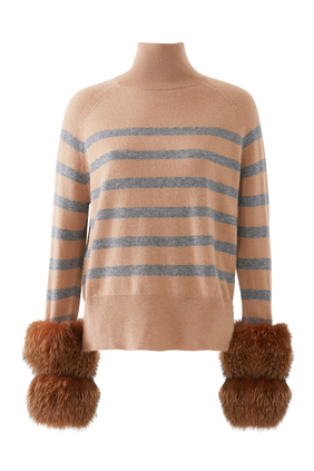 Striped Polo Neck Sweater with Fox Fur Cuffs